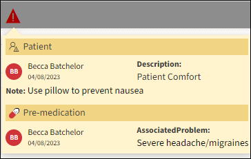 Alert details showing a Patient and Pre-medication Alert message.